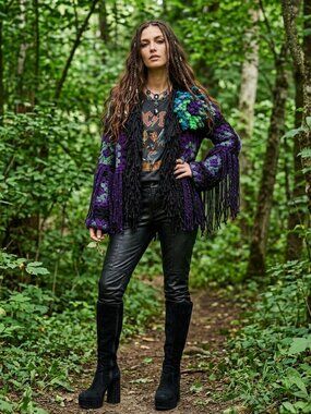 Boho Purple Green Black Granny Square Crazy Fringe Sweater L/XL